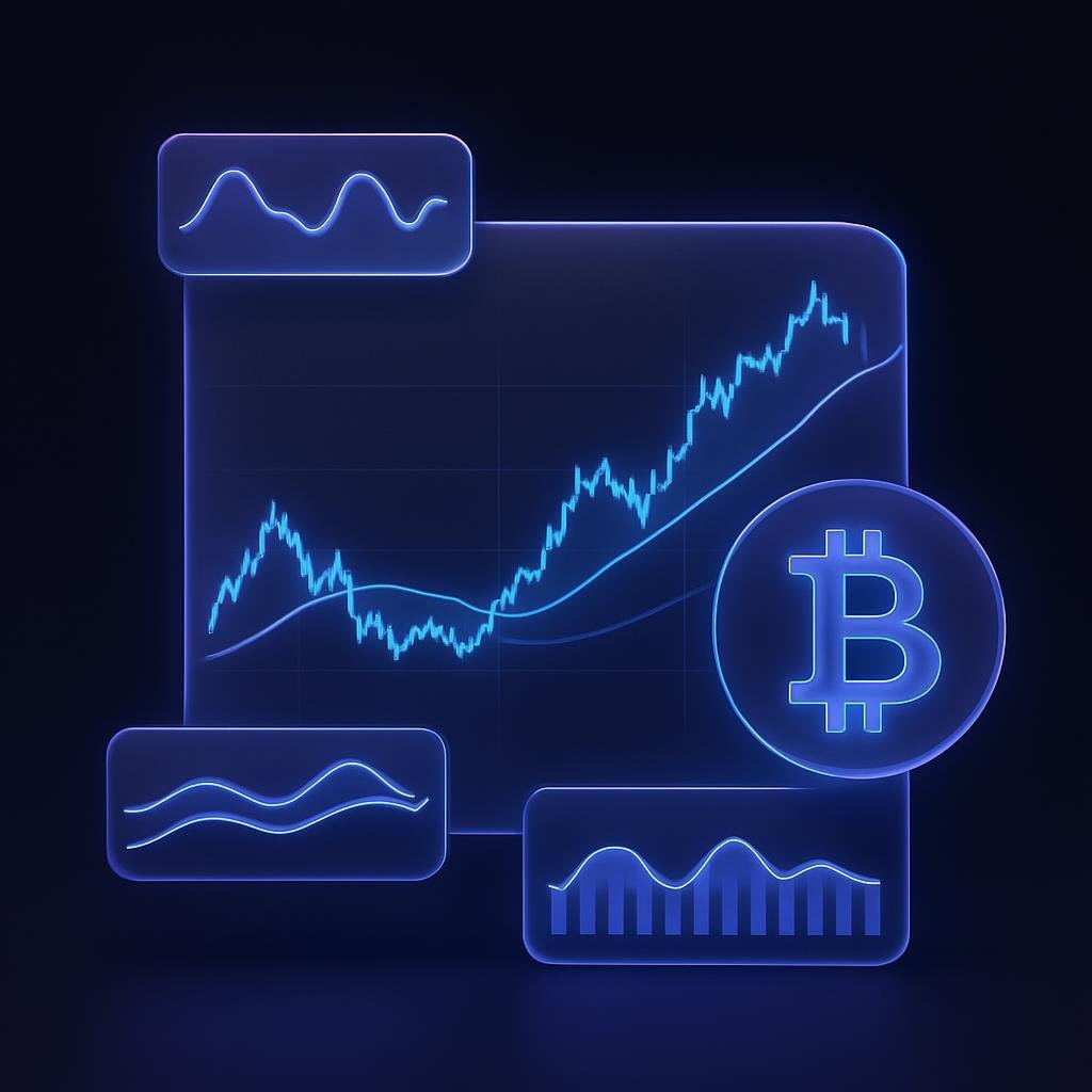 Visual chart showing different types of technical indicators (RSI, MACD, moving averages) overlaid on Bitcoin price chart