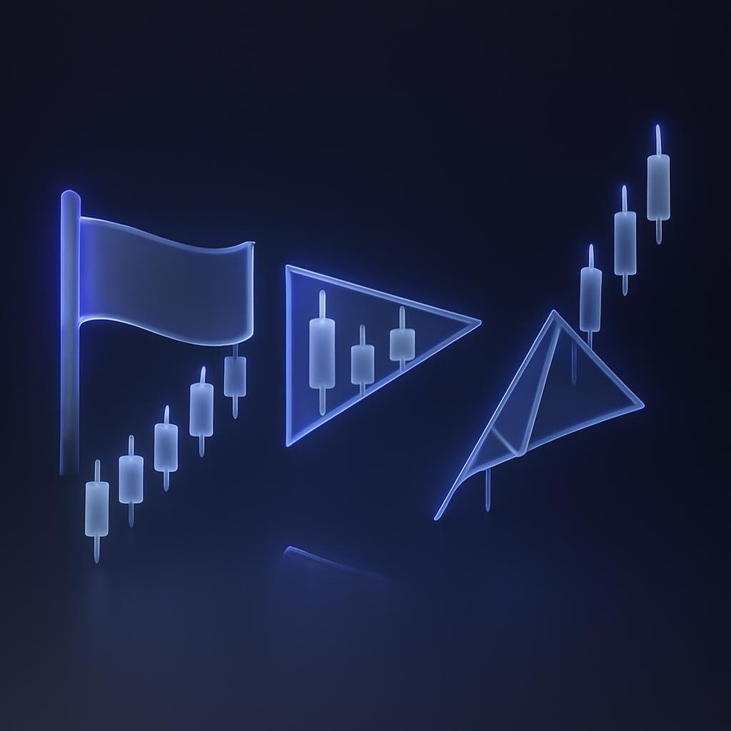 Visual examples of flags, pennants, and triangular continuation patterns on price charts