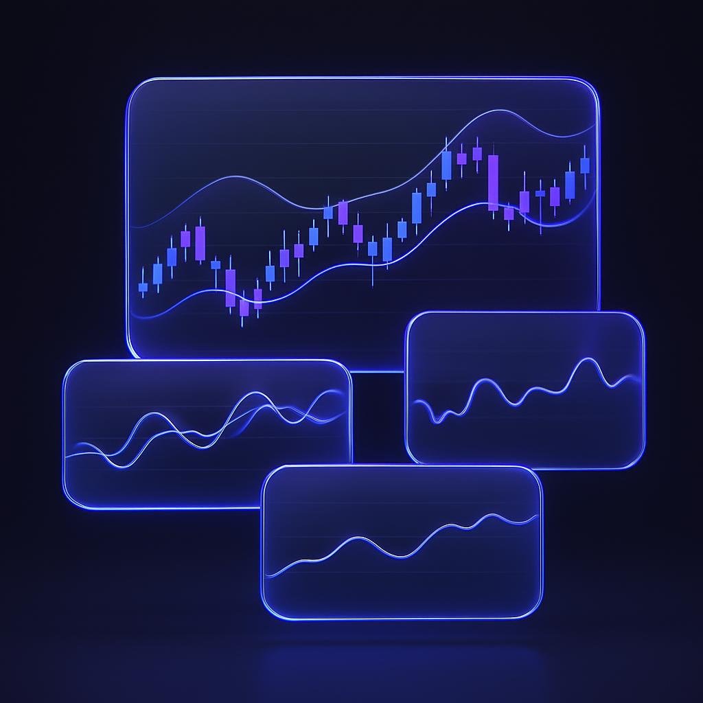 Chart examples showing technical indicators like MACD, RSI, Bollinger Bands, and moving averages on cryptocurrency price charts