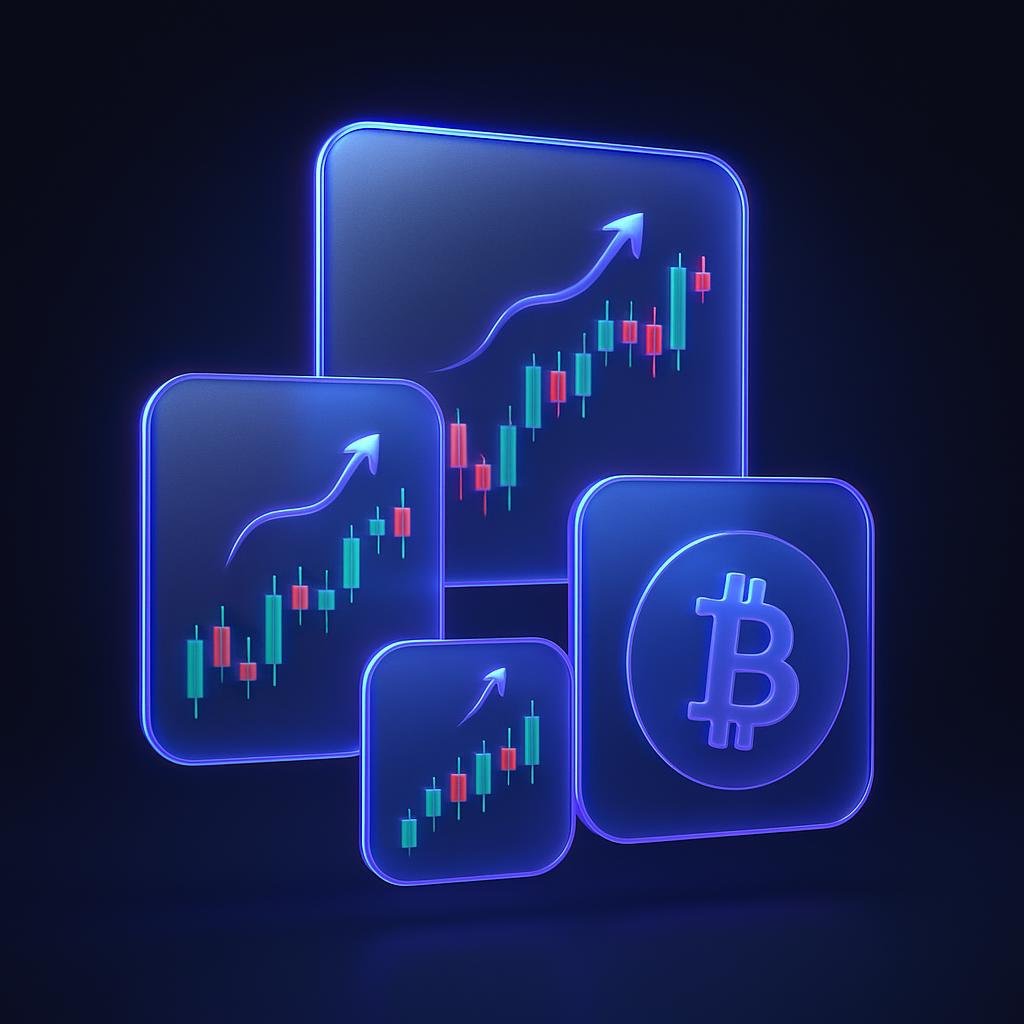 Multi-timeframe analysis example showing 1-minute, 1-hour, and 4-hour Bitcoin charts with aligned signals