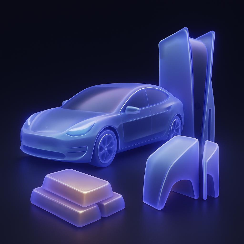Visual of Tesla Model 3, 10g gold bars, and PS5 consoles to depict prizes