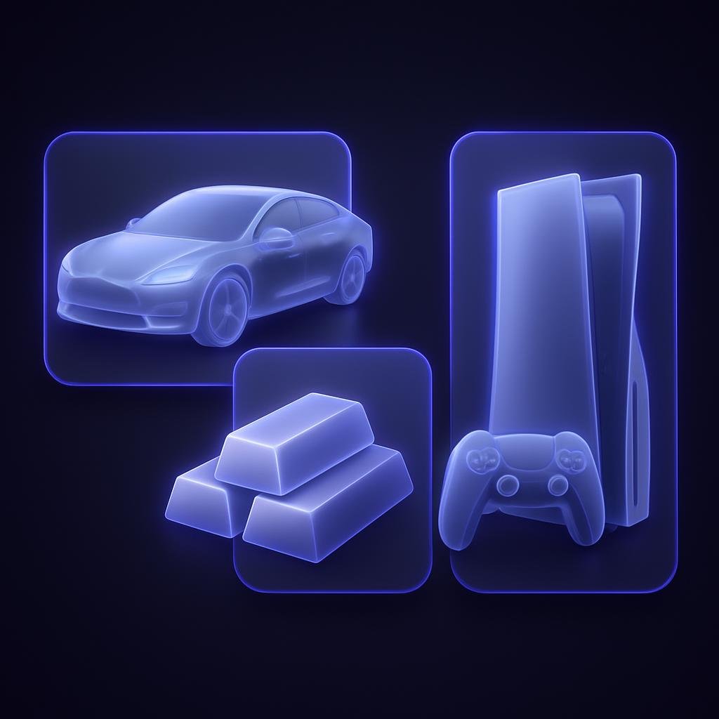 Best Crypto Trading Competition 2025: Join the $4M Prize Pool Event Prize breakdown with images of Tesla, gold bars, and PS5