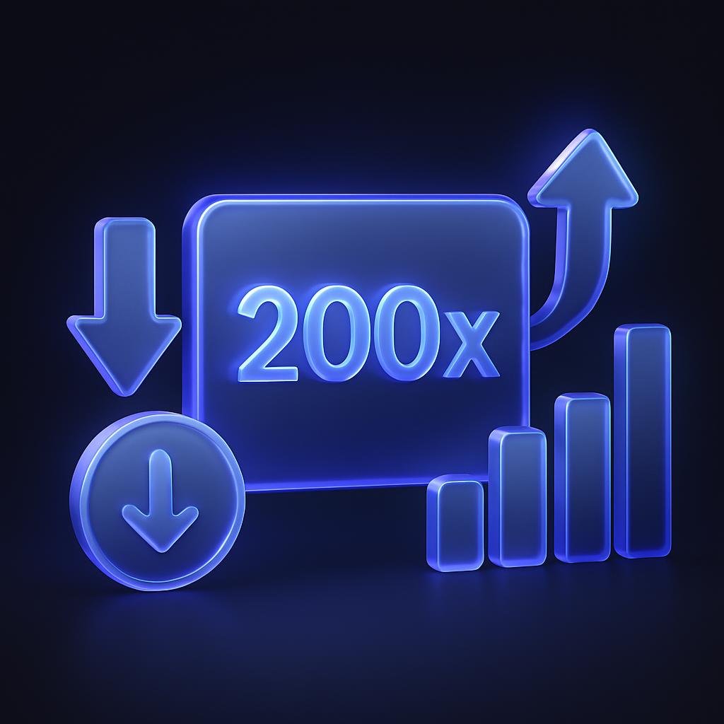 Illustrate the concept of 200x leverage with a simple diagram showing potential gains and losses.