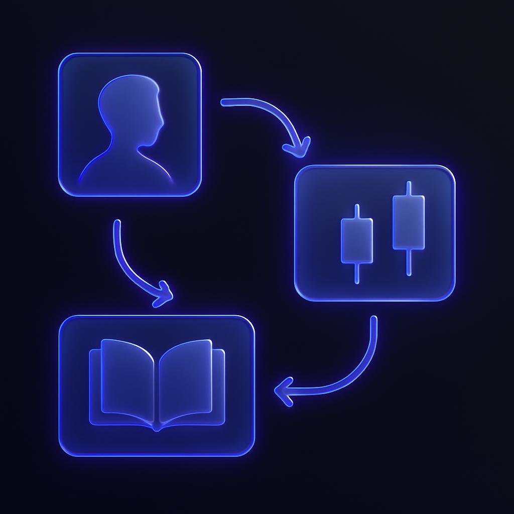 Flowchart of a novice trader's learning journey through copy trading.