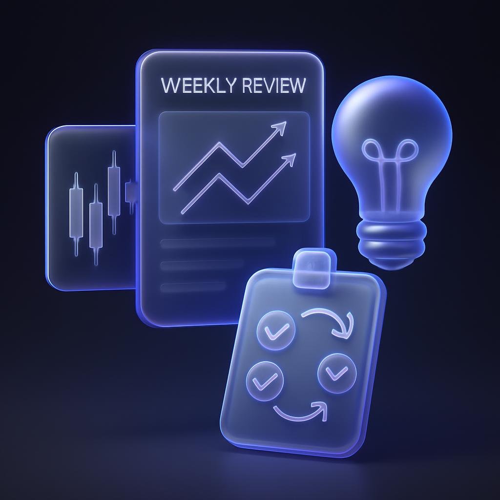 Visual representation of a weekly review process, including trade analysis and strategy formulation.