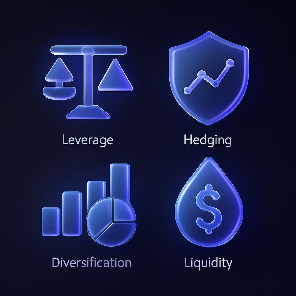 Infographic showing benefits of futures trading: leverage, hedging, diversification, liquidity.