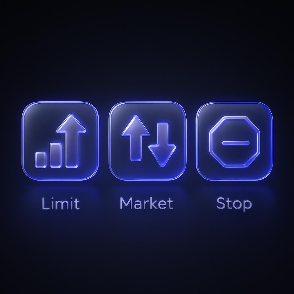 Diagram showing different order types: Limit, Market, Stop.
