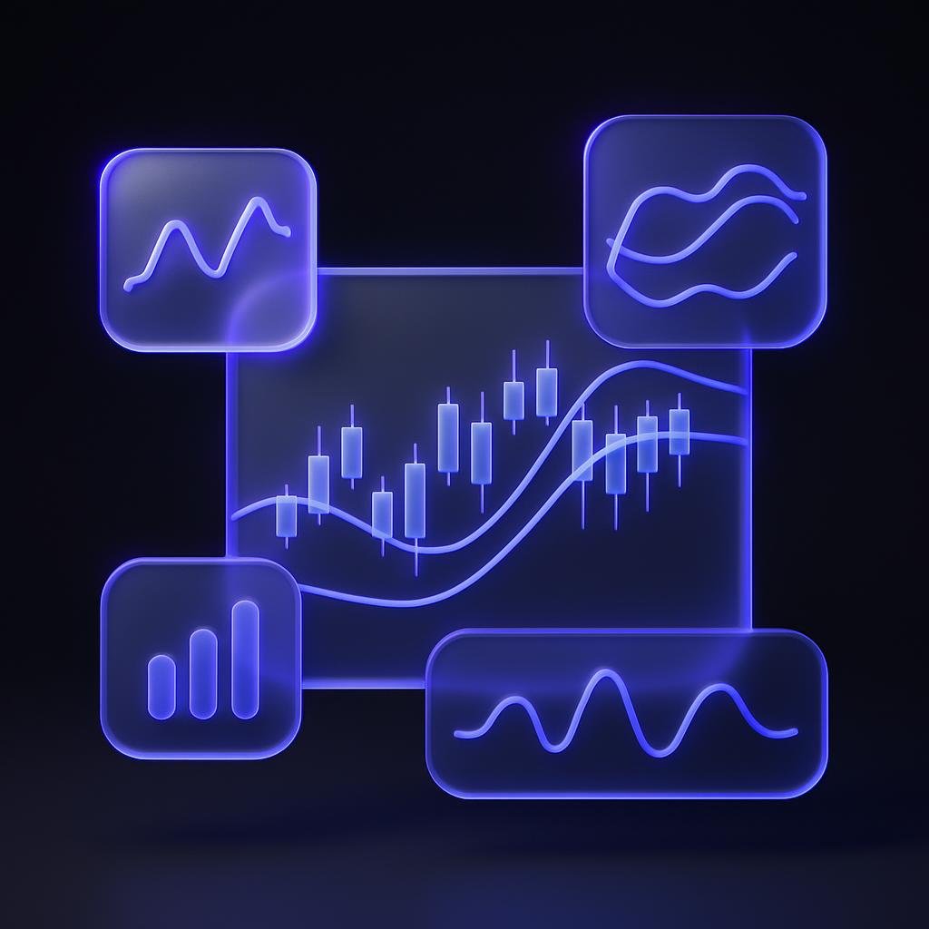 Diagram of professional analytics tools like RSI, SMA, EMA, and Bollinger Bands.
