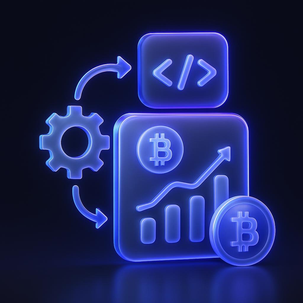 Illustrate the concept of automated crypto investing with an infographic showing algorithms and API integrations.