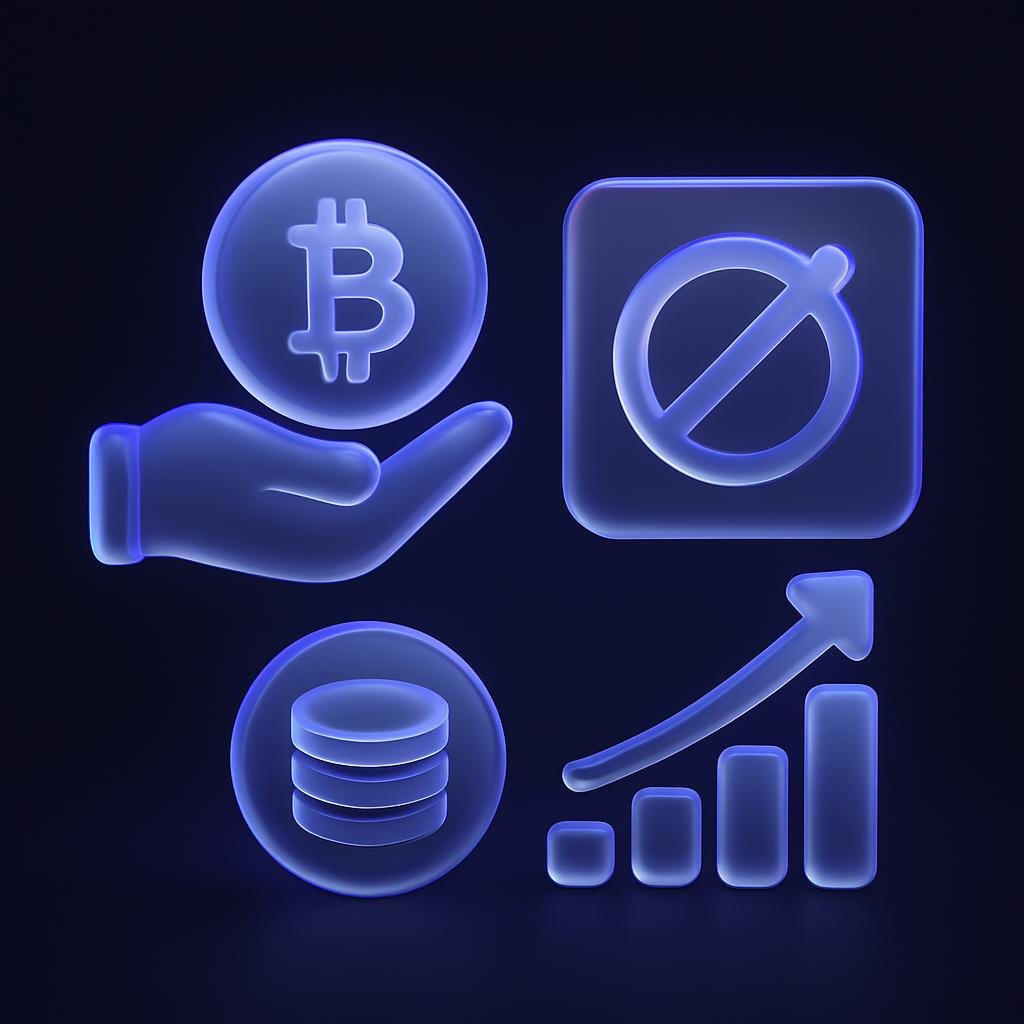 Illustrate the concept of passive crypto investment strategy with icons like holding, minimizing transactions, and DCA.