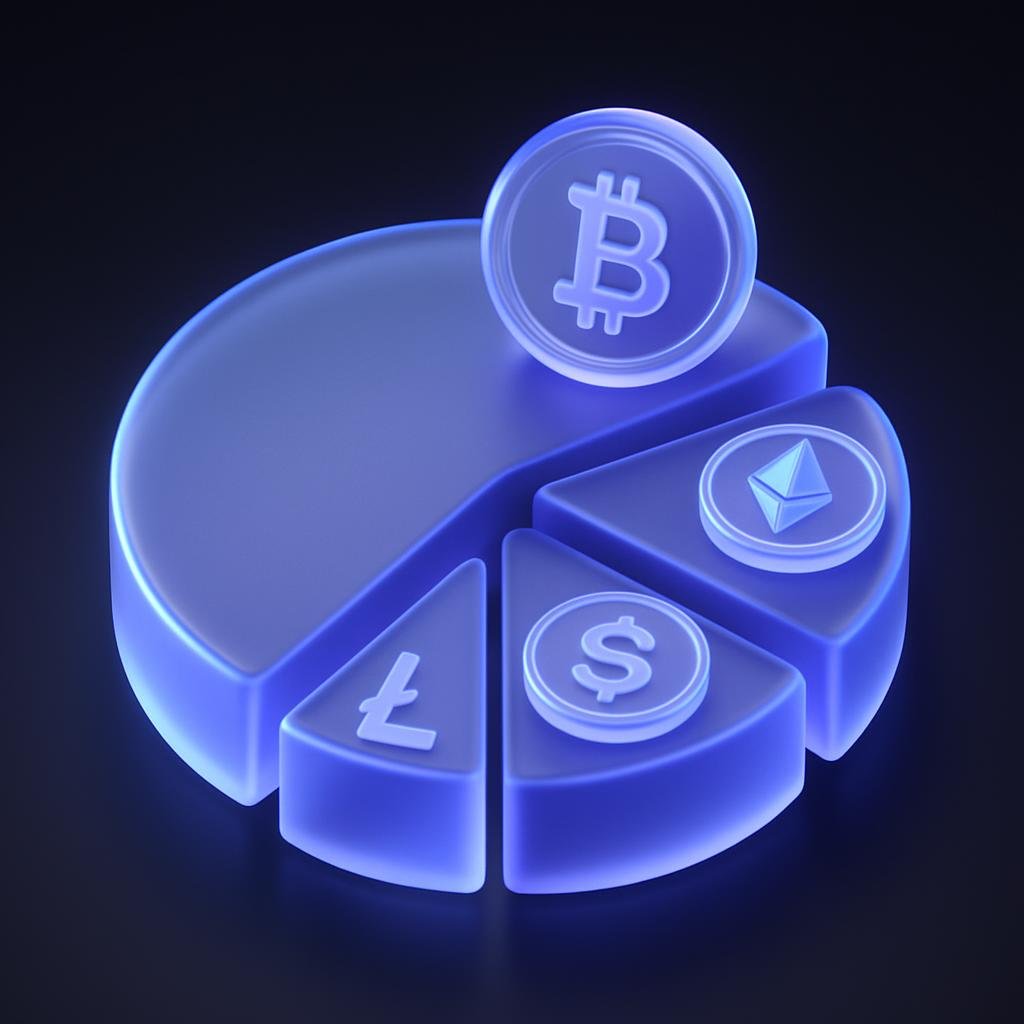 Illustrate the concept of a diversified crypto portfolio with a pie chart showing asset distribution.