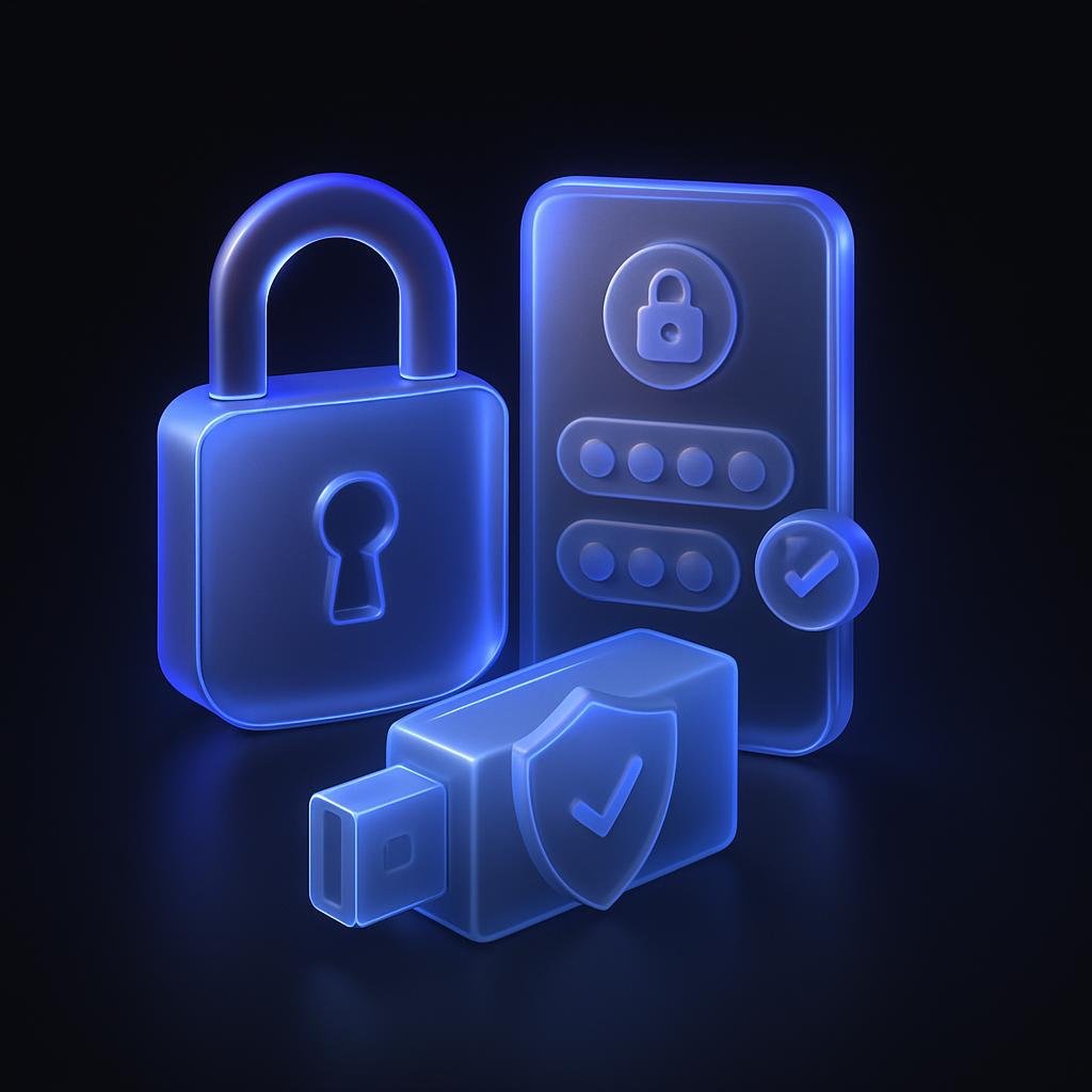 Visual representation of security features like 2FA and cold storage.