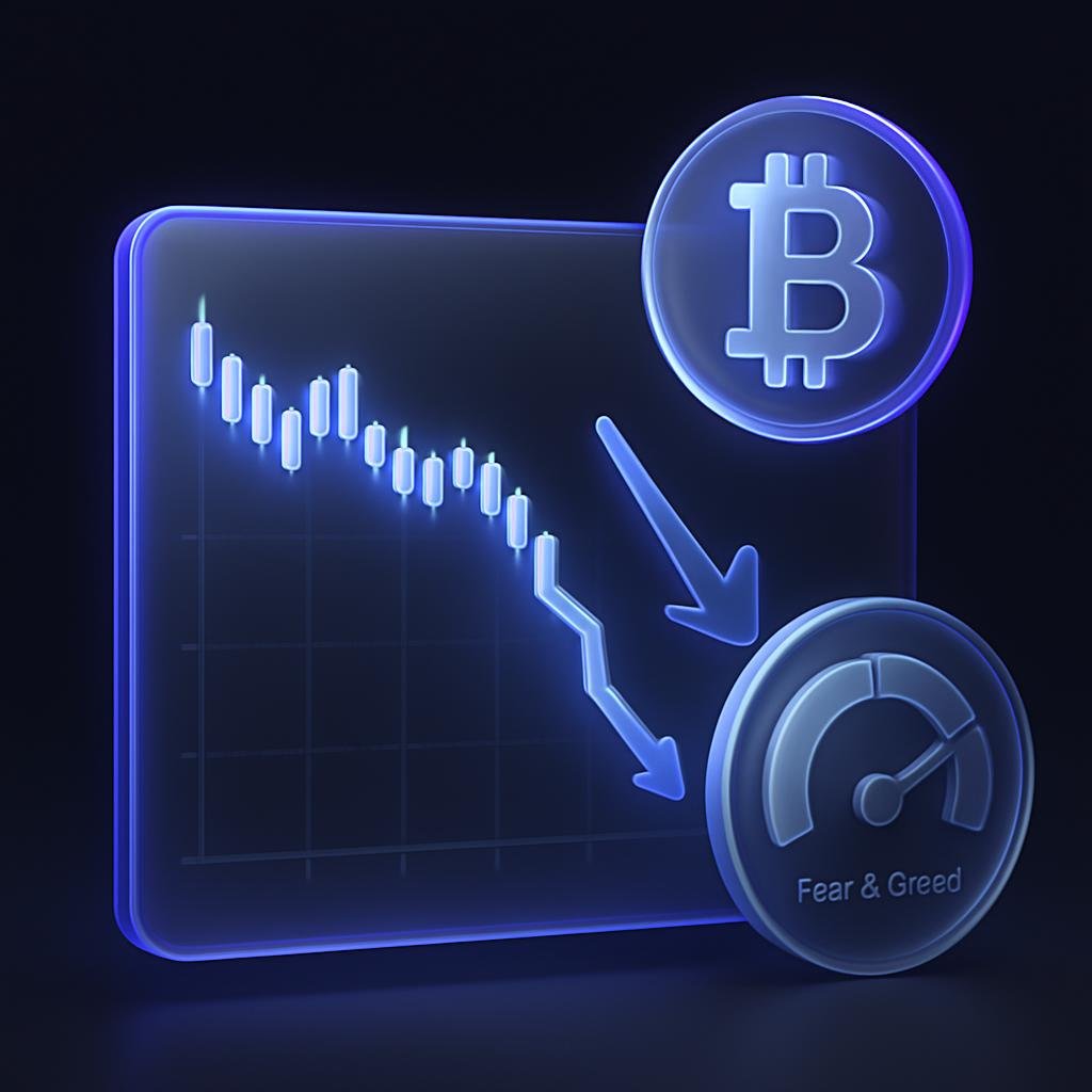 Illustrate the February 2026 crypto crash with a chart showing BTC's price drop and Fear & Greed Index.