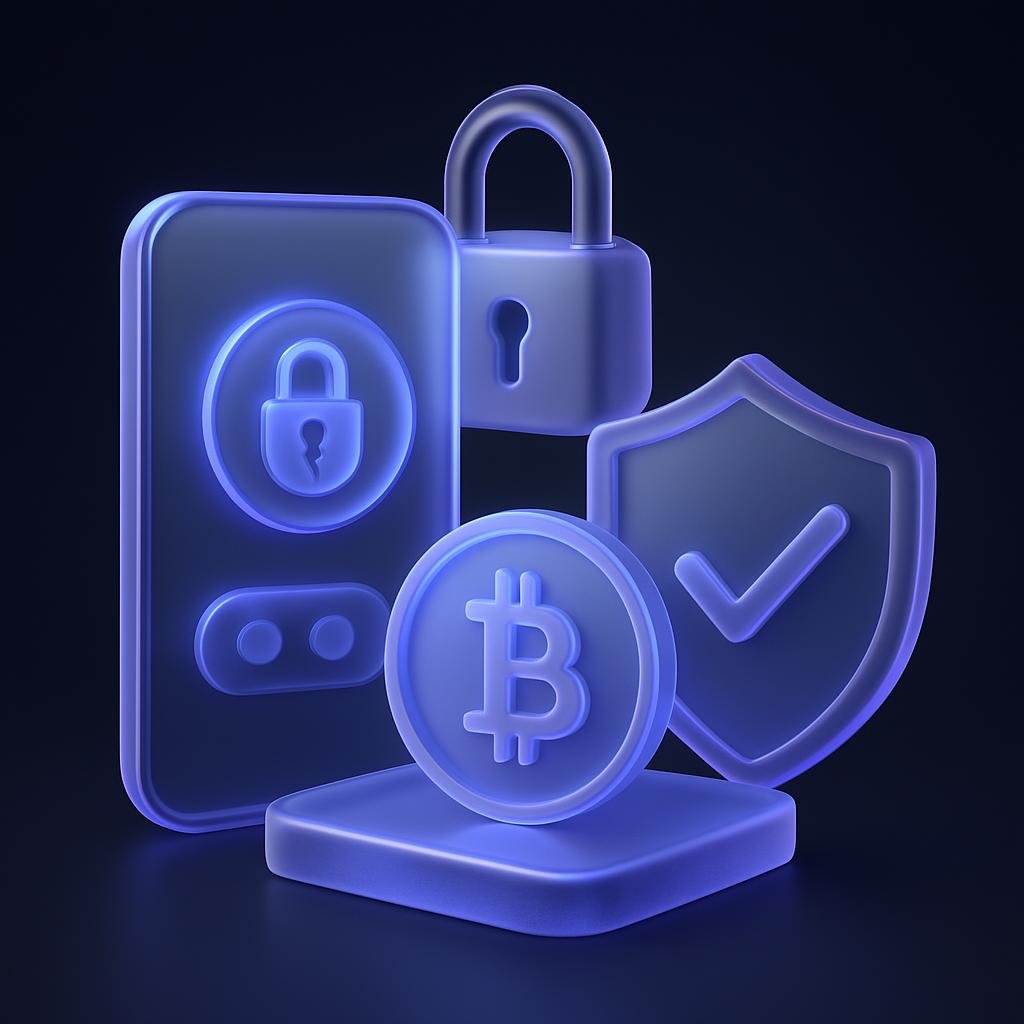 Visualize the concept of crypto security measures like 2FA, cold storage, and regulatory compliance.