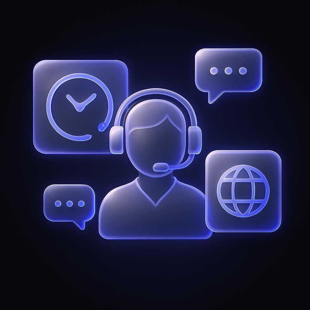 Diagram of 247 customer support structure and multilingual capabilities.