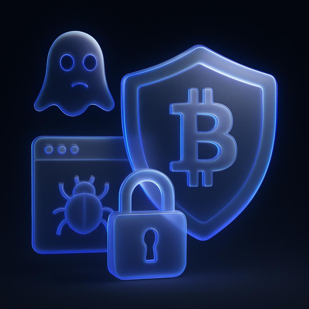 Illustrate the importance of security features in crypto trading with an infographic showing cyber threats and protection measures.