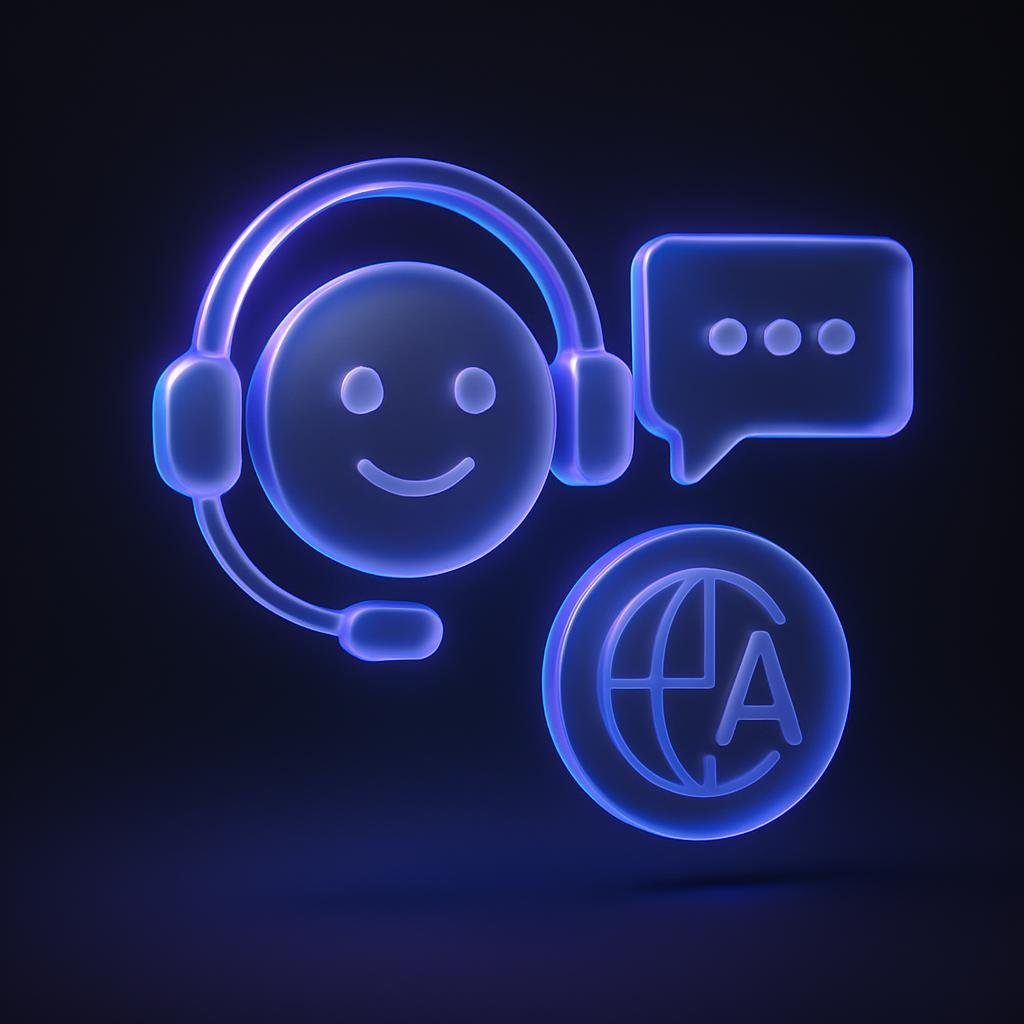 Visual representation of customer support features like live chat and multilingual support.